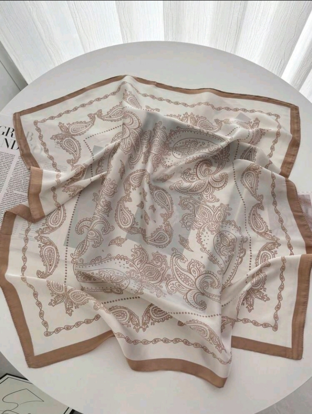 Brown Off-white Neutral Paisley Satin Scarf Beige Summer Beach Vacation Festival